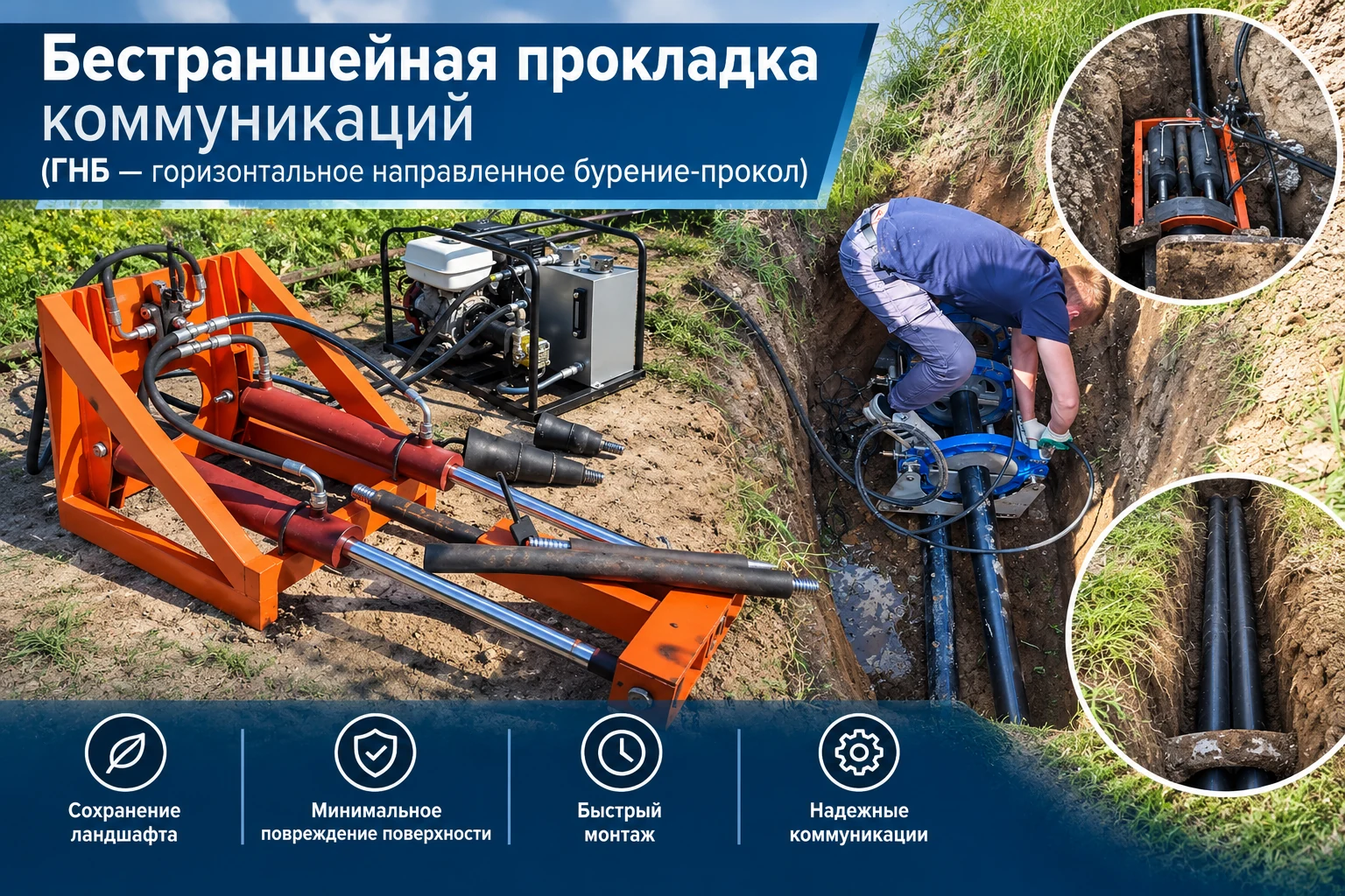 Бестраншейная прокладка коммуникаций методом ГНБ: буровая установка, работа специалиста и проложенные трубы